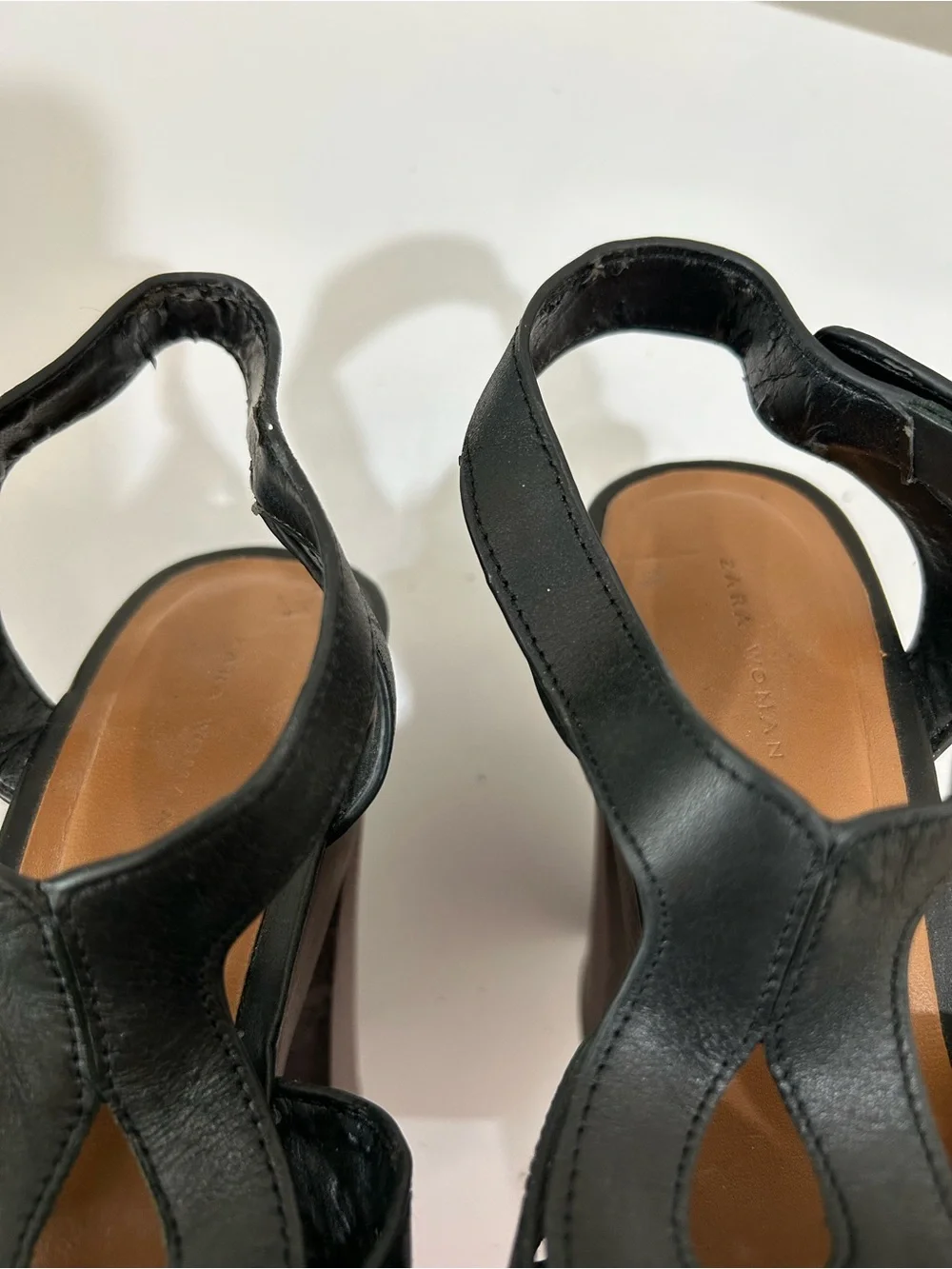 Zara Woman Black Leather Platform Sandals with Wood Block Heel, Sz EU 37, US 6.5